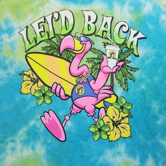 Buc-ees Size Large Shirt Tye Dye Flamingo LEI'D‎ Back Hibiscus Flowers - Picture 6 of 8